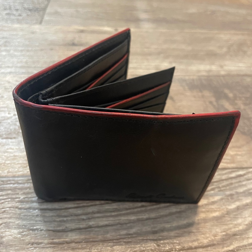 Robert Graham Mens Black Leather Bifold Wallet Red Edge Floral Lining Slim